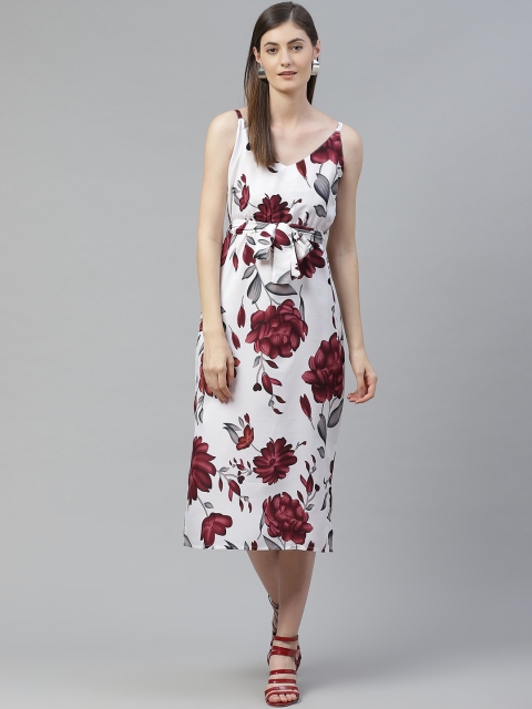 

SIRIKIT Women White & Maroon Floral Print Shift Dress with Belt