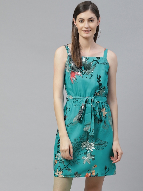 

SIRIKIT Women Turquoise Blue Floral Print Shift Dress with Belt