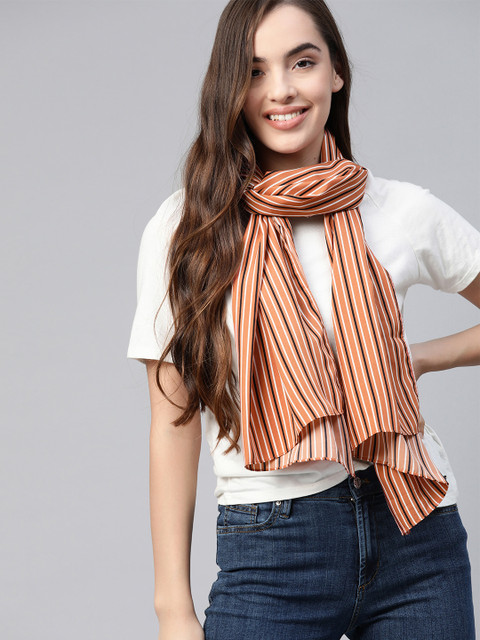 

Mast & Harbour Women Peach-Coloured & Black Striped Scarf