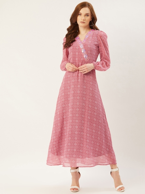 

Slenor Women Pink Printed Maxi Dress With Embellished Neck Detail & Puff Sleeves