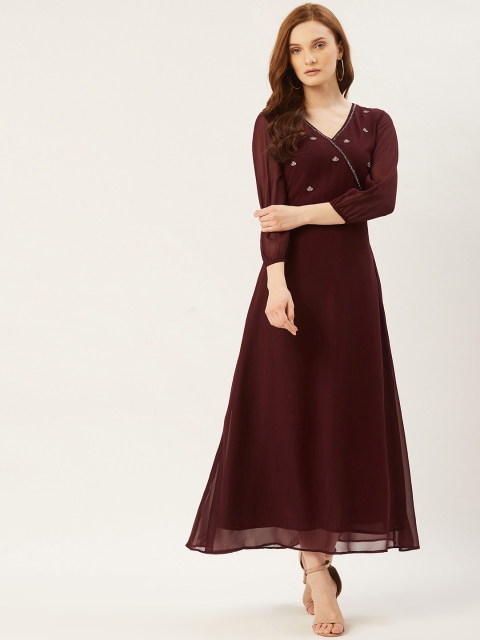 

Slenor Women Burgundy Solid Wrap Maxi Dress with Embellished Detail