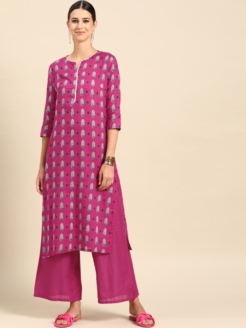 

Anouk Women Pink & Blue Ethnic Motifs Printed Regular Pure Cotton Kurta with Palazzos