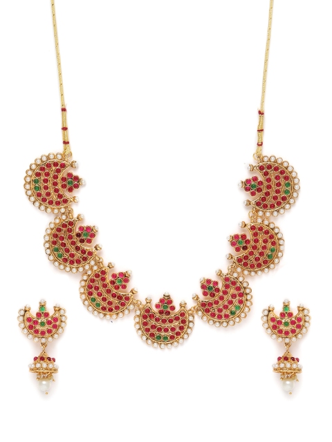 

Zaveri Pearls Gold-Plated Magenta Crescent Design South Indian Style Jewellery Set