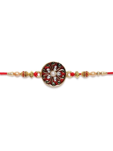 

Zaveri Pearls Red & Gold-Toned Stone Studded Enamelled Traditional Rakhi