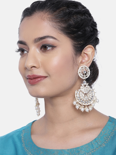 

Zaveri Pearls Gold-Toned & White Classic Kundan Studded Pearl Drop Earrings
