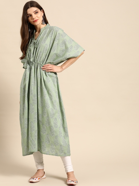 

Nayo Women Green & Off White Ethnic Motifs Screen Print Flared Sleeves Kaftan Kurta