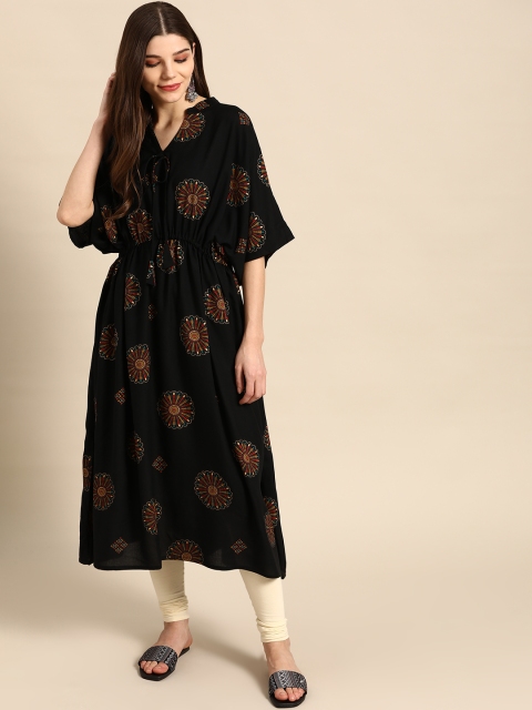 

Nayo Women Black & Golden Ethnic Motifs Screen Print Flared Sleeves Kaftan Kurta