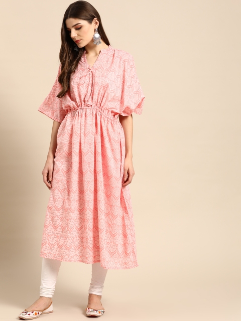 

Nayo Women Pink & Off White Geometric Screen Print Flared Sleeves Kaftan Kurta