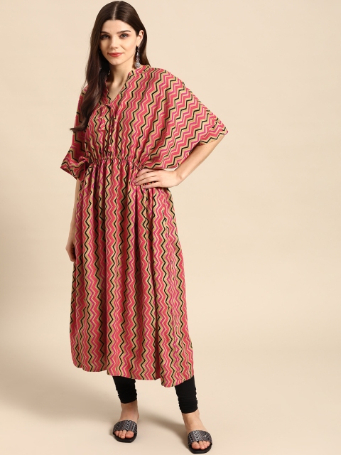 

Nayo Women Beige & Pink Chevron Screen Print Flared Sleeves Kaftan Kurta