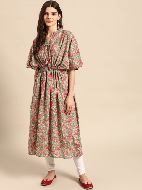 

Nayo Women Green & Pink Floral Screen Print Flared Sleeves Floral Kaftan Kurta