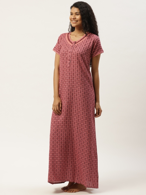 

Sweet Dreams Peach-Coloured & Maroon Cotton Woven Design Maxi Nightdress