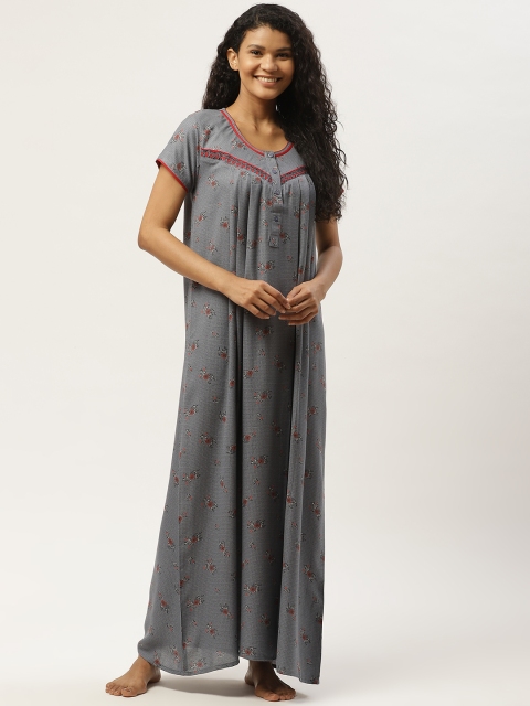 

Sweet Dreams Grey & Red Orange Cotton Floral Print Maxi Nightdress