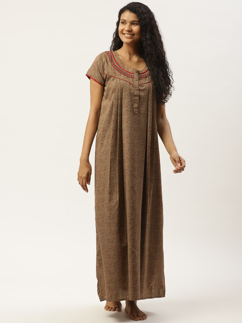 

Sweet Dreams Brown & Maroon Cotton Printed Maxi Nightdress