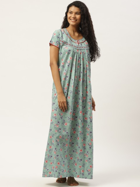 

Sweet Dreams Green & Navy Blue Cotton Floral Print Maxi Nightdress