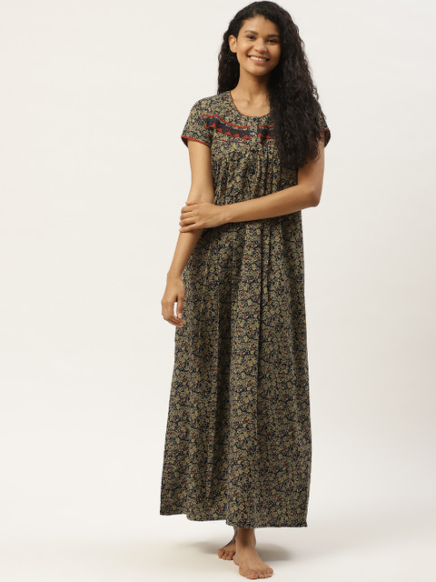 

Sweet Dreams Navy Blue & Khaki Cotton Floral Print Maxi Nightdress