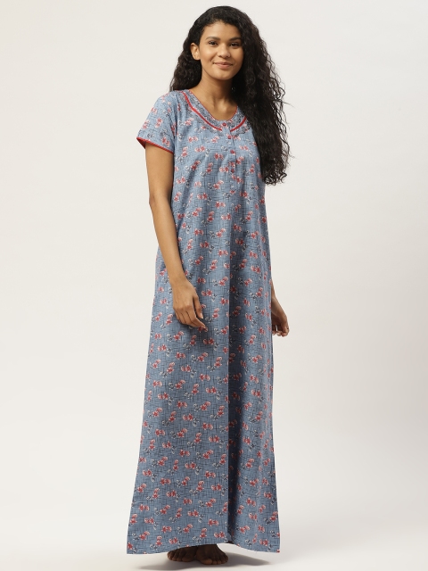 

Sweet Dreams Blue & Red Orange Cotton Ethnic Print Maxi Nightdress