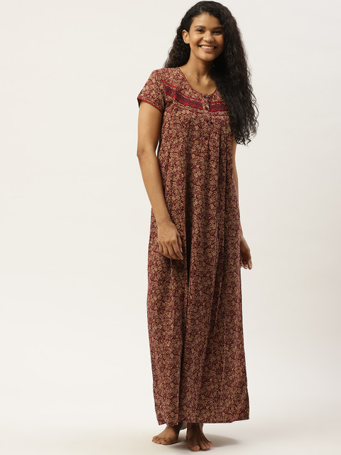 

Sweet Dreams Maroon & Beige Cotton Floral Print Maxi Nightdress