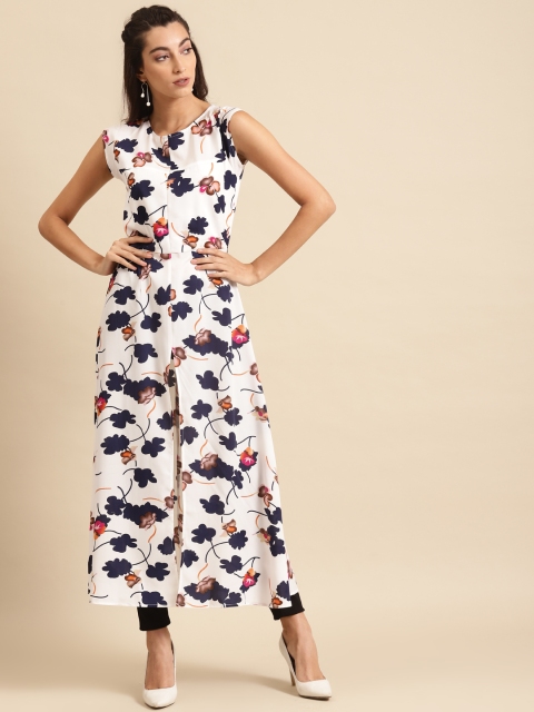 

DODO & MOA Women White & Navy Blue Floral Printed Kurta