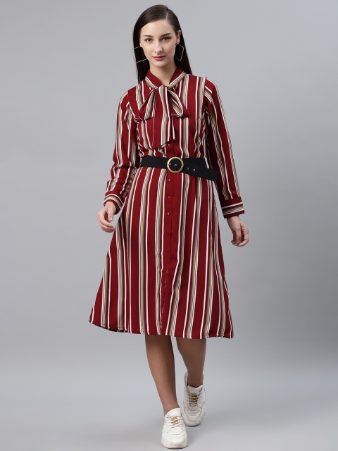 

plusS Women Maroon & White Striped Shirt Dress