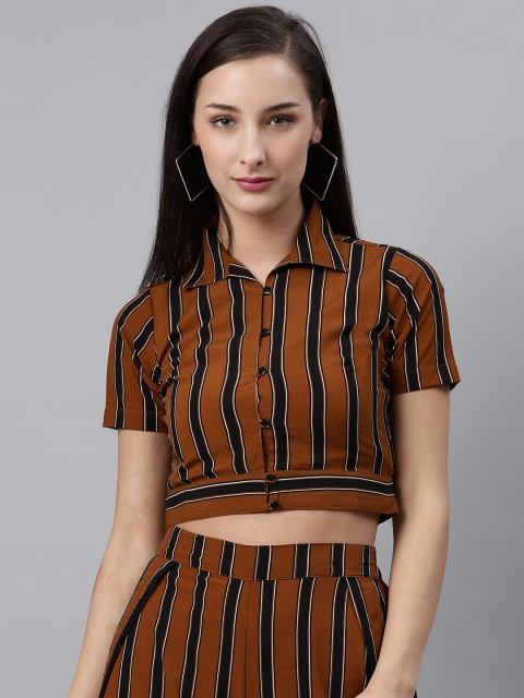 

plusS Women Brown & Black Striped Crop Casual Shirt