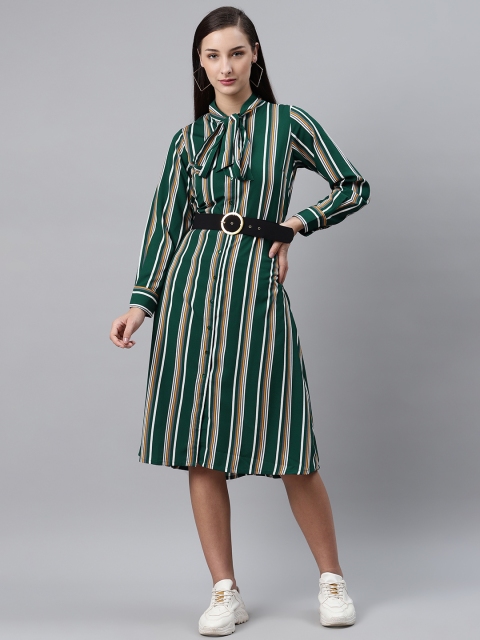 

plusS Green and White Striped A-Line Shirt Dress with Belt
