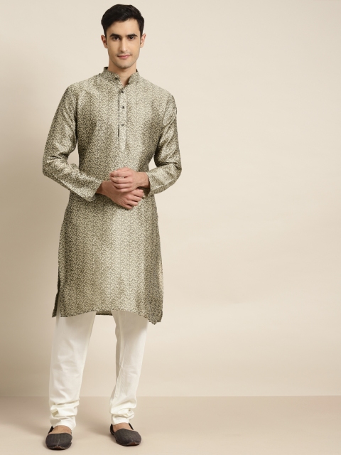 

SOJANYA Men Olive Green & Off-White Jacquard Woven Design Kurta with Churidar