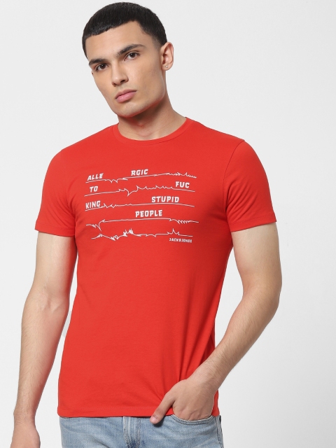 

Jack Jones Men Red Printed Slim Fit Round Neck Pure Cotton T-shirt