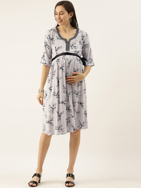 

GOLDSTROMS Women Grey Printed Maternity Short Gown Dress