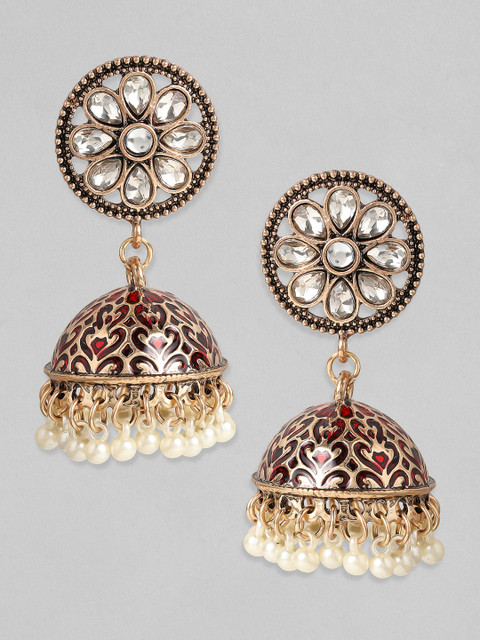

Rubans Gold-Plated Oxidised Handcrafted Enamel Kundan Studded Dome Shaped Jhumkas