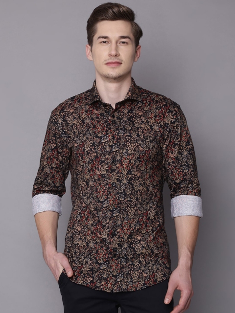

Bruun & Stengade Men Navy Blue & Brown Slim Fit Floral Printed Cotton Casual Shirt