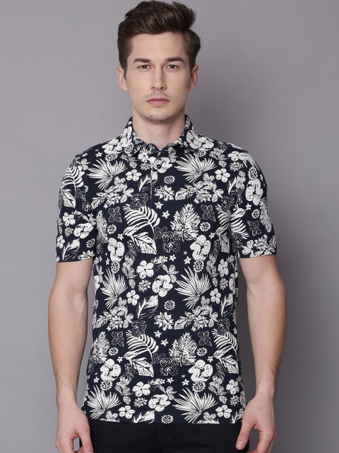 

Bruun & Stengade Men Navy Blue & White Floral Print Slim Fit Polo T-shirt