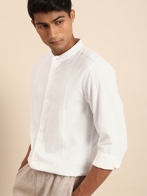 

ether Men White Solid Mandarin Collar Casual Shirt