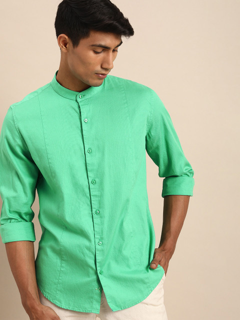 

ether Men Green Solid Mandarin Collar Casual Shirt