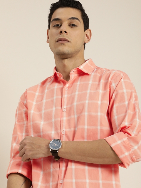 

INVICTUS Men Coral & White Slim Fit Checked Casual Shirt