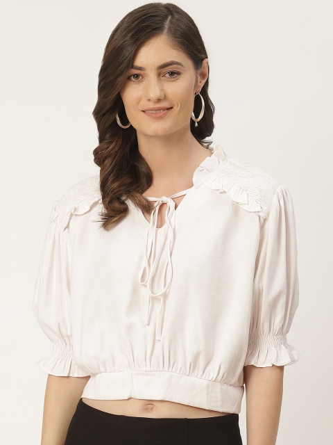 

Madame Cream-Coloured Tie-Up Neck Puff Sleeves Smocked Blouson Crop Top