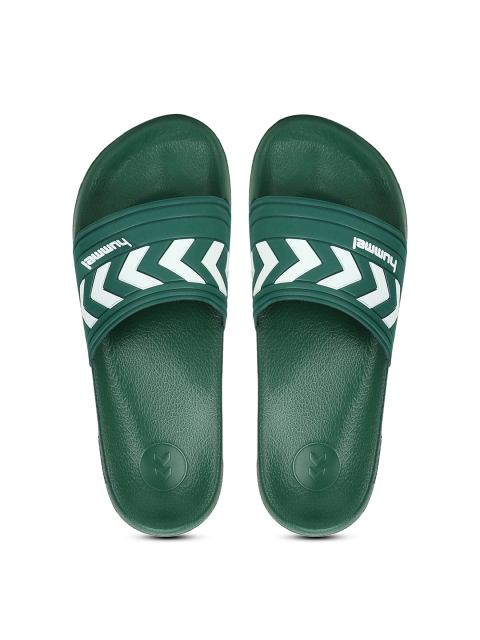 

hummel Unisex Green & White Printed Sliders