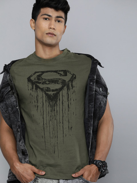 

Justice League Men Olive Green Cotton Superman Print T-shirt