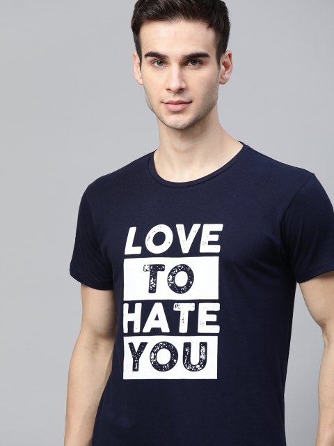 

Kook N Keech Men Navy Blue & White Pure Cotton Typography Printed T-shirt