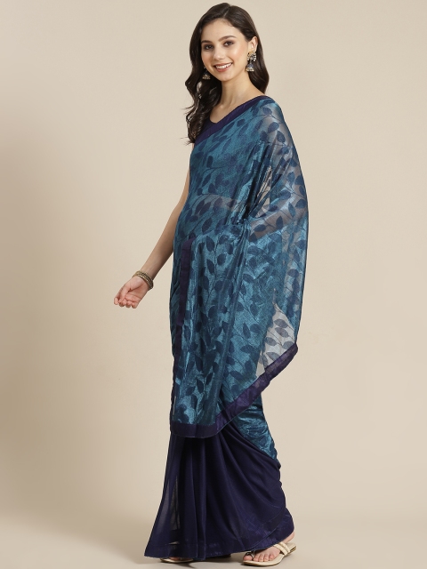 

SUTRAM Navy Blue Leaf Patterned Saree