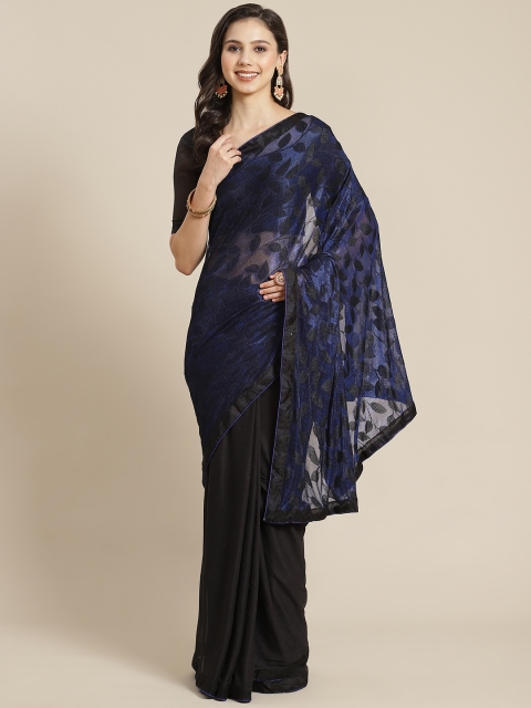 

SUTRAM Black & Navy Blue Ethnic Motifs Print Half and Half Saree