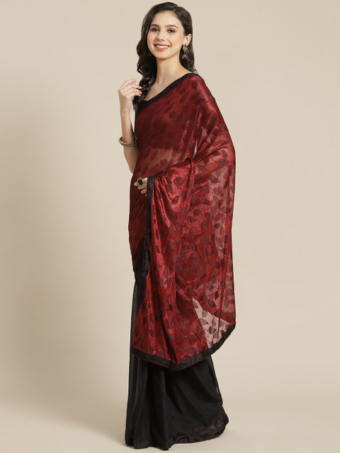 

SUTRAM Maroon & Black Leaf Patterned Half-&-Half Saree