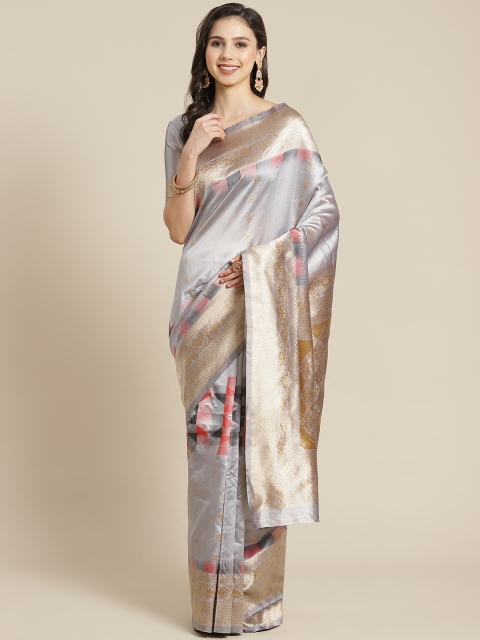 

MANOHARI Grey & Golden Ethnic Motifs Woven Design Jacquard Banarasi Saree
