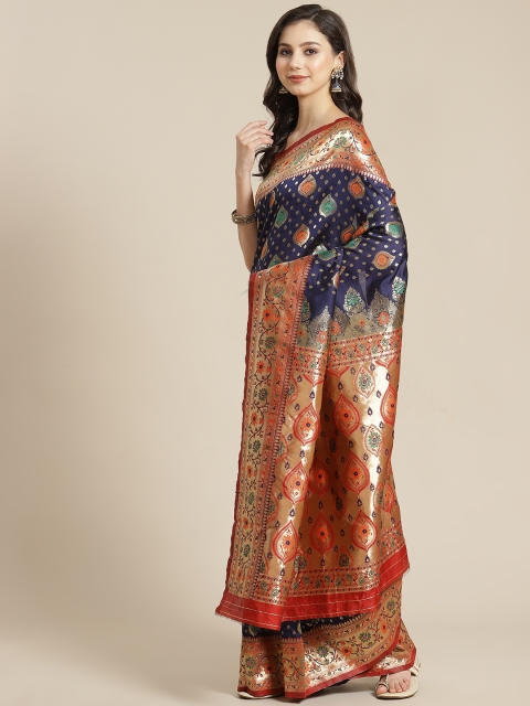 

MANOHARI Navy Blue Woven Design Banarasi Saree