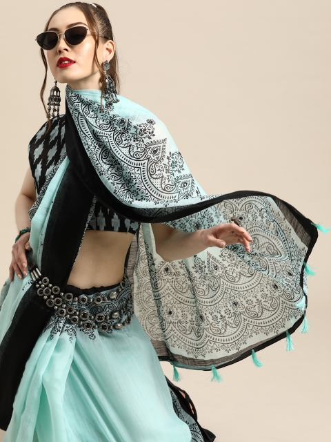 

Saree mall Ethnic Motifs Linen Blend Saree with Sleek border, Blue