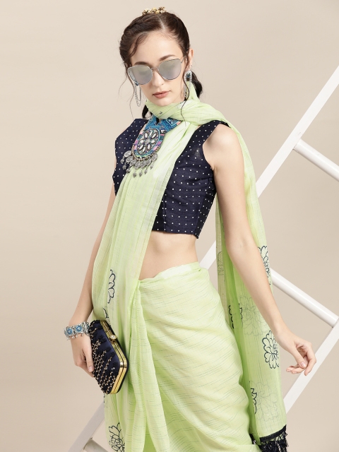 

Saree mall Floral Linen Blend Saree with Printed border, Green