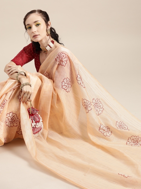 

Saree mall Floral Linen Blend Saree with Woven Design border, Peach