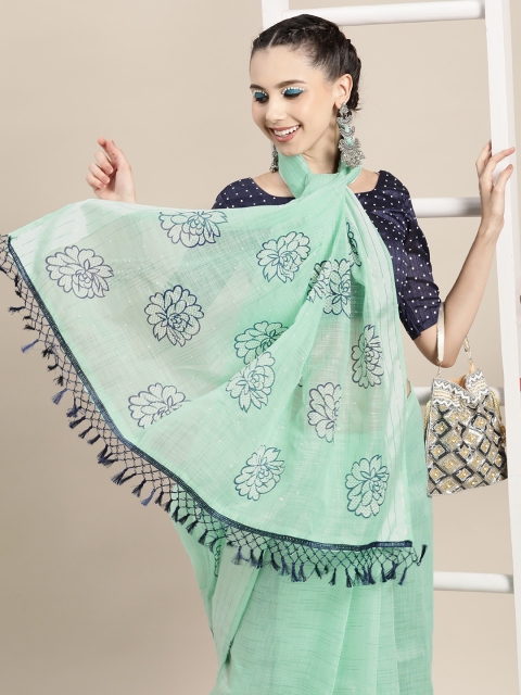 

Saree mall Floral Linen Blend Saree with Printed border, Sea green