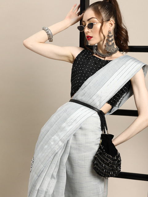 

Saree mall Geometric Linen Blend Saree with Woven Design border, Grey