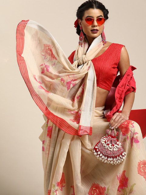 

Saree mall Floral Linen Blend Saree with Sleek border, Beige