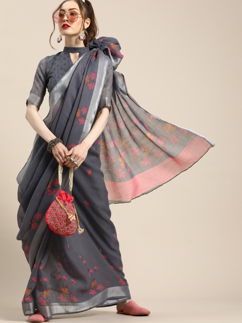

Saree mall Floral Linen Blend Saree with Sleek border, Grey
